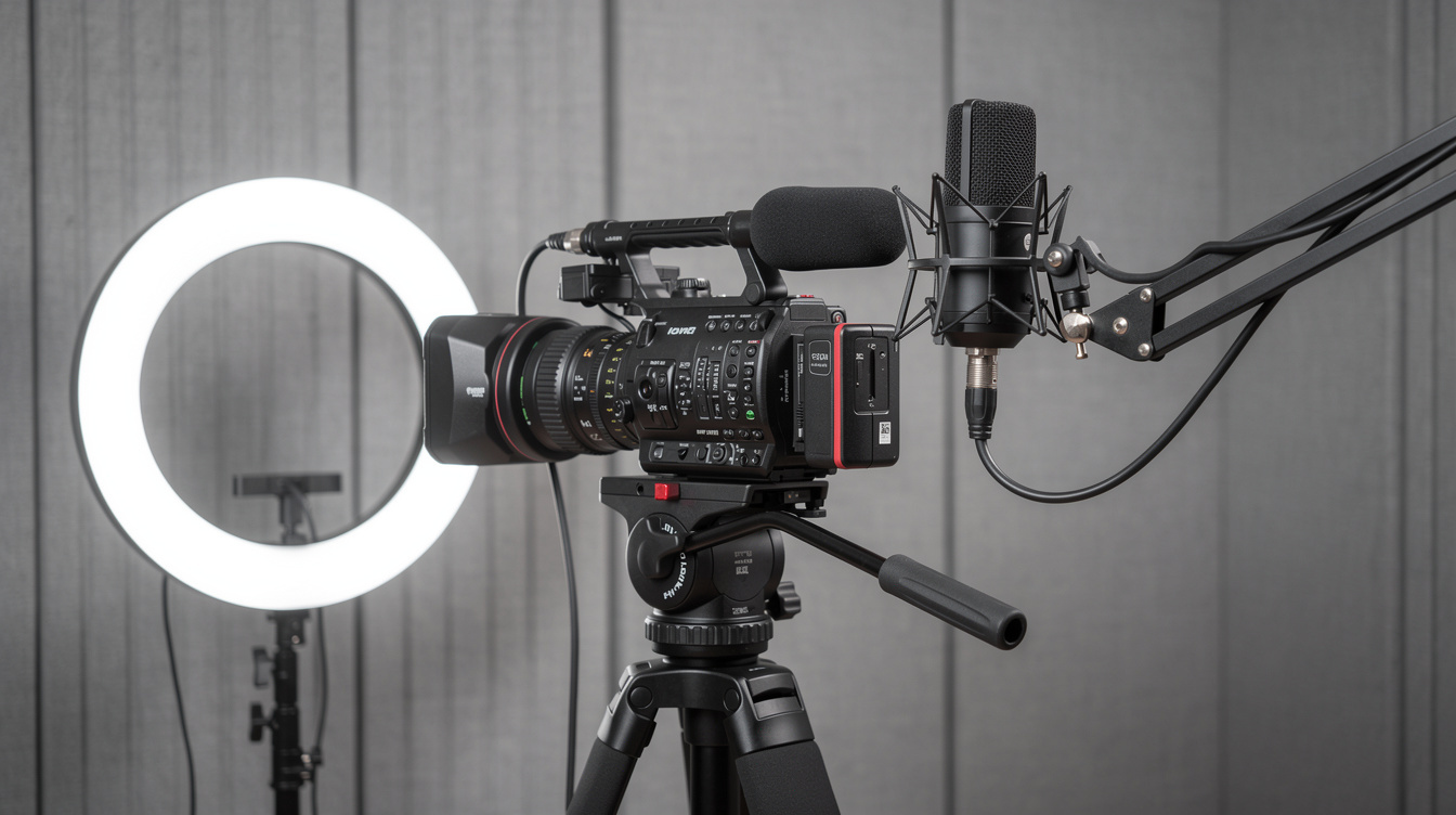 Professional podcast interview studio setup with camera and ring light